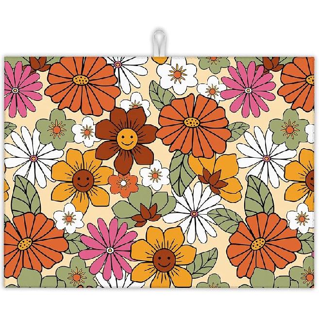 Pink Strawberry Dish Drying Rack Mat for Kitchen Counter,Cute Flowers Dish Drying Pad Absorbent Reversible Microfiber Protector for Coffee Bar Sink