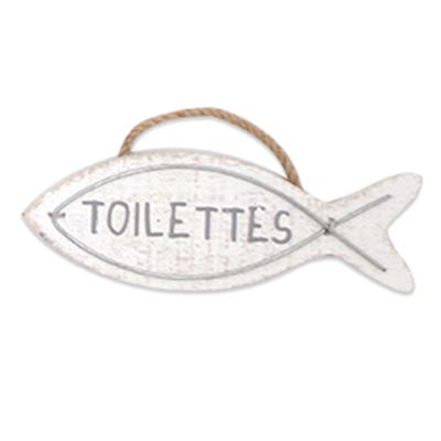 [R6555] - White 'Fish' Wooden Door Plaque (bathroom) - 12x4cm