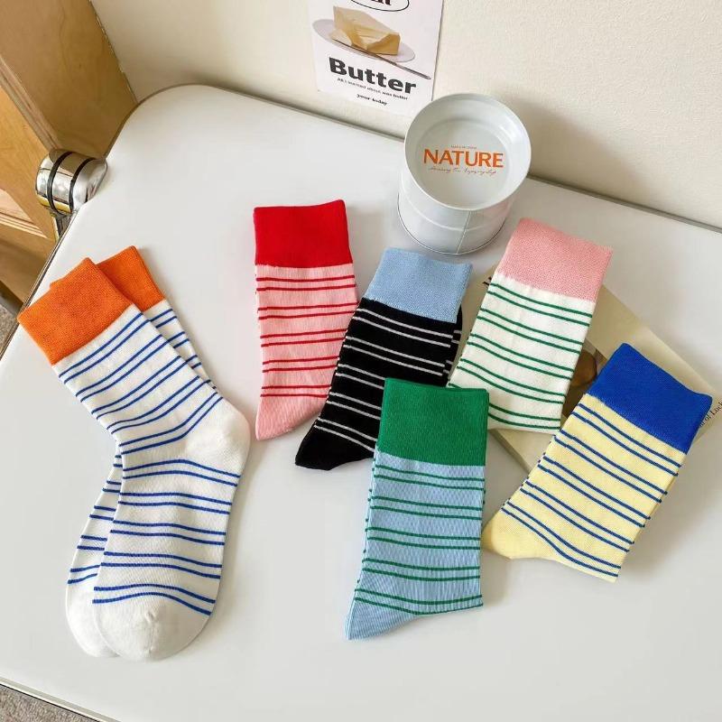 Dopamine Color-blocking Striped Mid-calf Socks Summer Thin and Trendy Socks Cotton Spring and Autumn Pile Socks