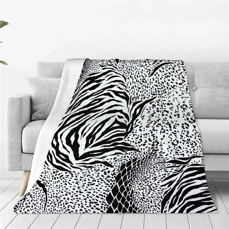 Animal Print Flannel Throw Blanket Black And White Zebra Leopard Snake Pattern Warm Blanket For Living Room Sofa Bed Decor