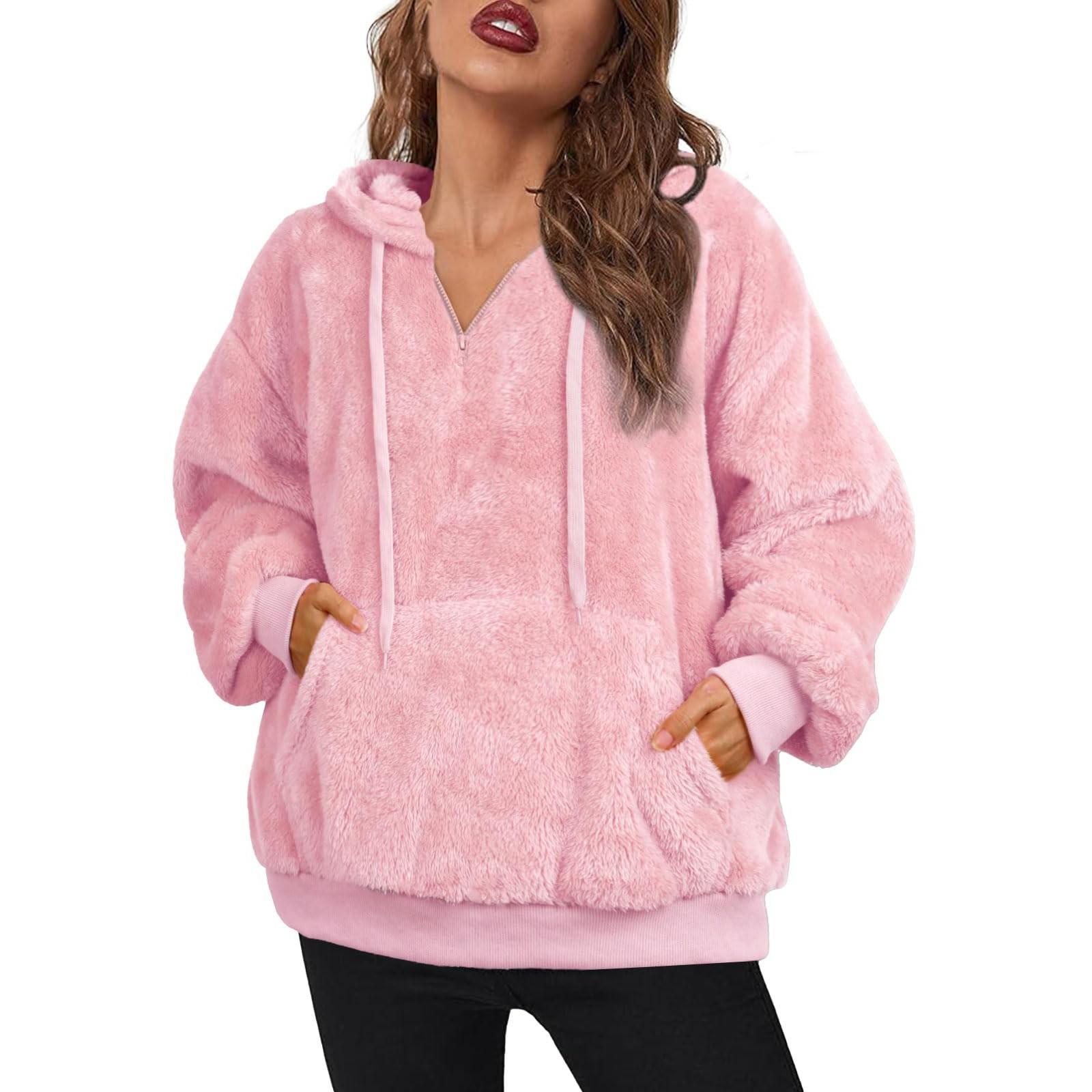 

Женская флисовая толстовка с застежкой-молнией на половину длины, свободный повседневный свитер с длинным рукавом S розовый
