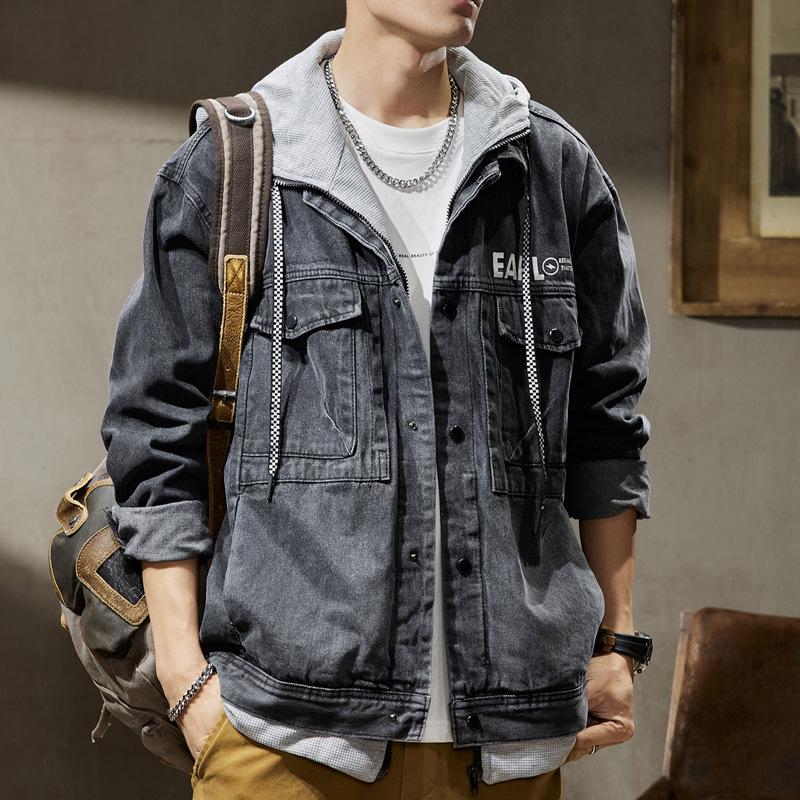 

Denim Jacket Men s Autumn and Winter New Sweater Hooded Trendy Brand Loose Fake Two Spring Casual Coat 4XL
