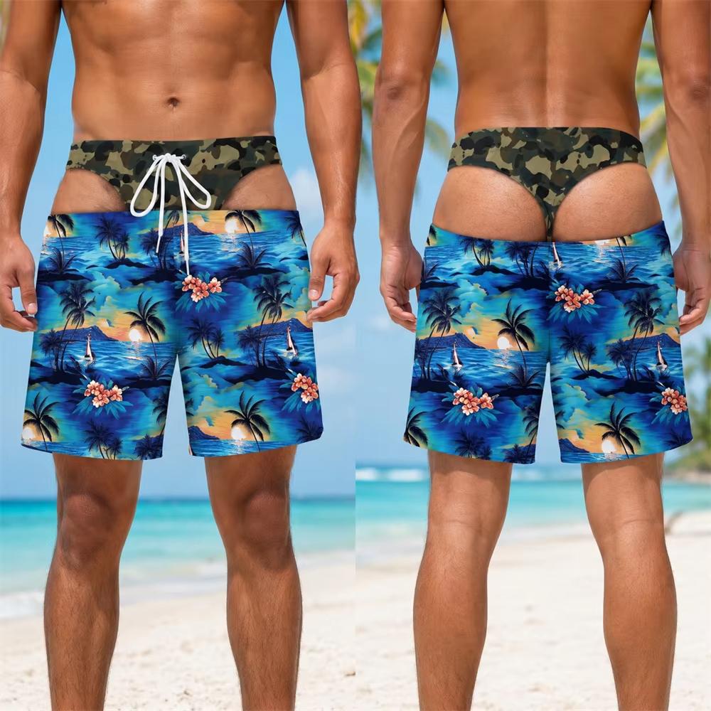Tropical Plant Flowers Print Fake Buttocks Pattern Funny Men Swim Trunks Perfect Quirky Party Gifts Summer Fashion Beach Shorts