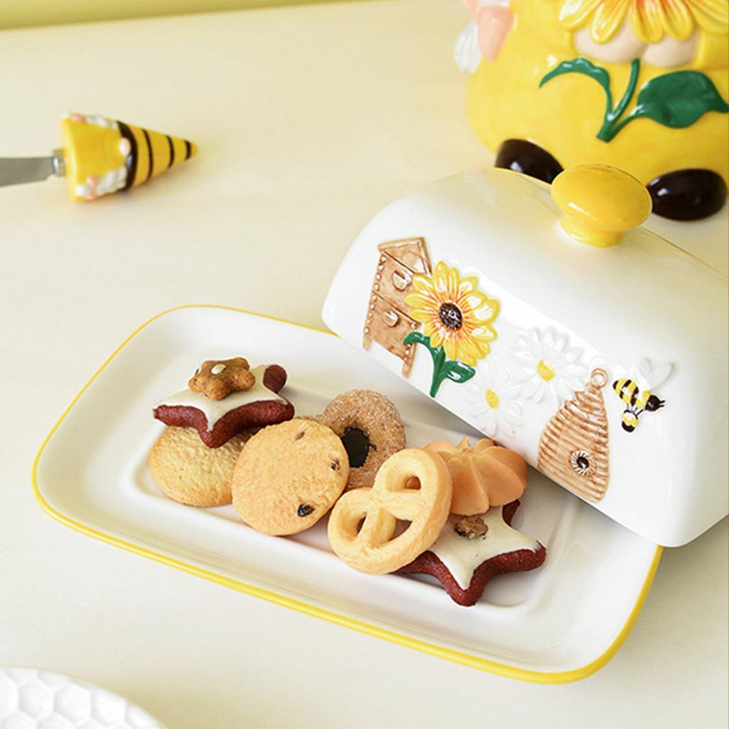 Bee Sunflower Fairy Ceramic Butter Dish with Knife Decorative Dessert Plate