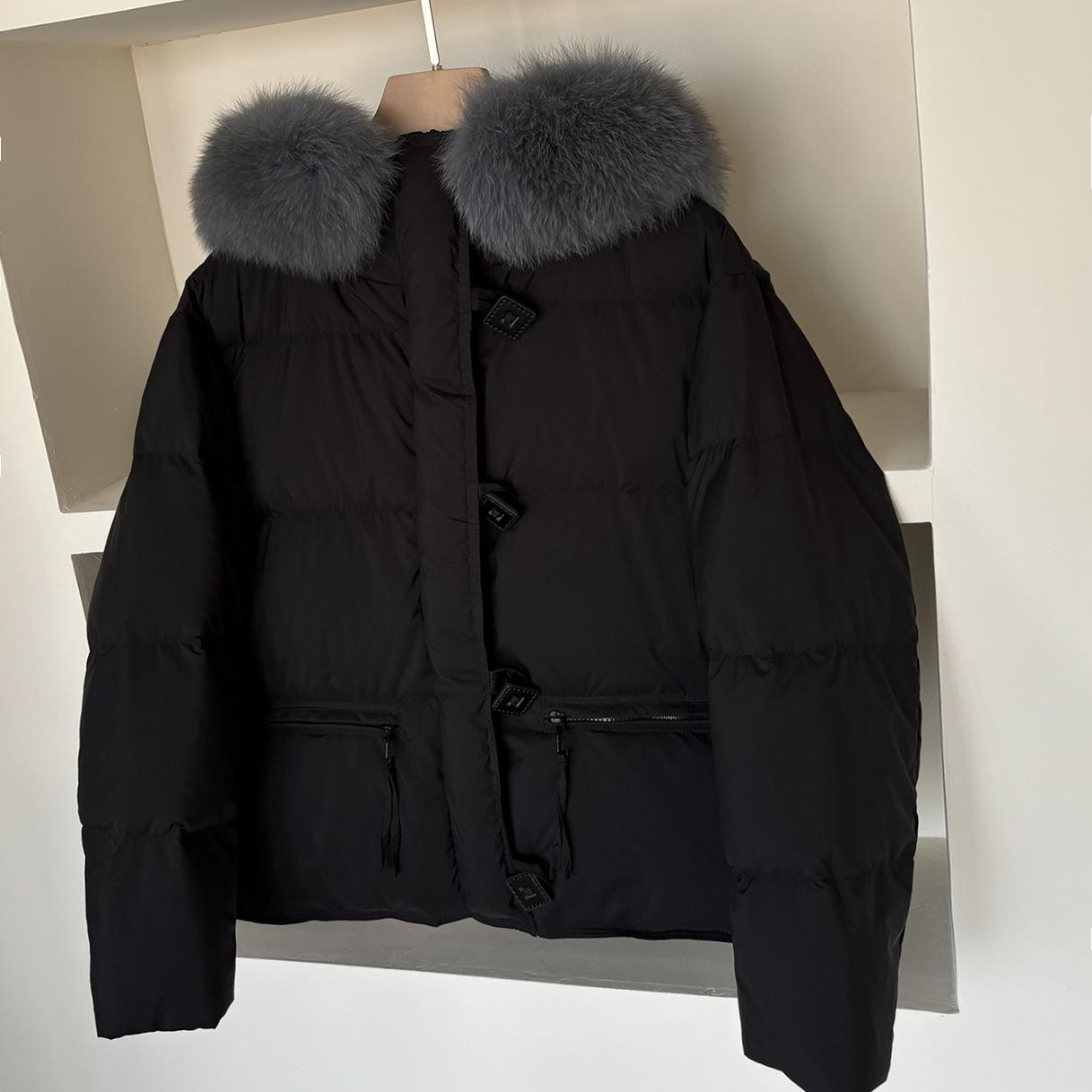 

High-end fox big fur collar down jacket women s 2025 winter thickened long and short square buckle warm girlfriend jacket tide M