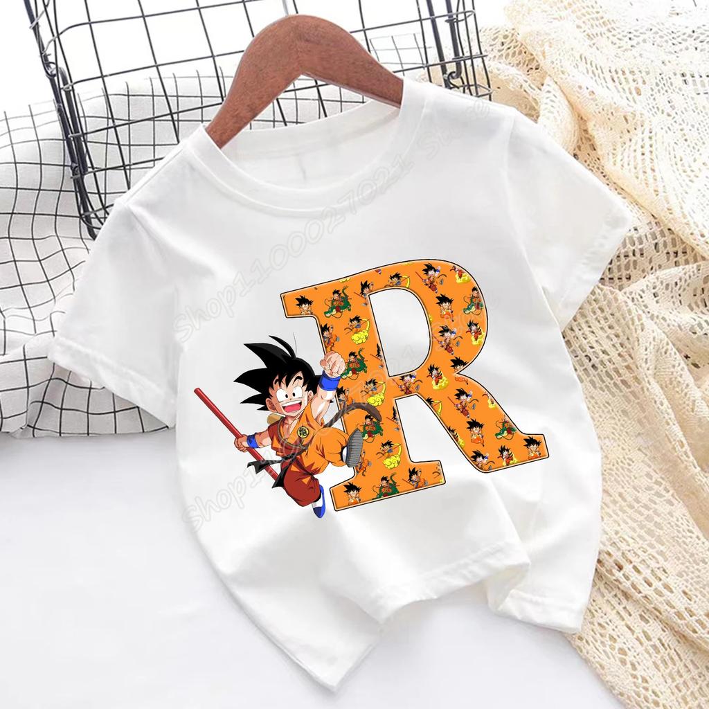 Dragon Ball Goku T-shirt Children A-Z Letter Tee Top Cartoon Summer Fashion White Short Sleeve Clothing Kids Casual Clothes Gift