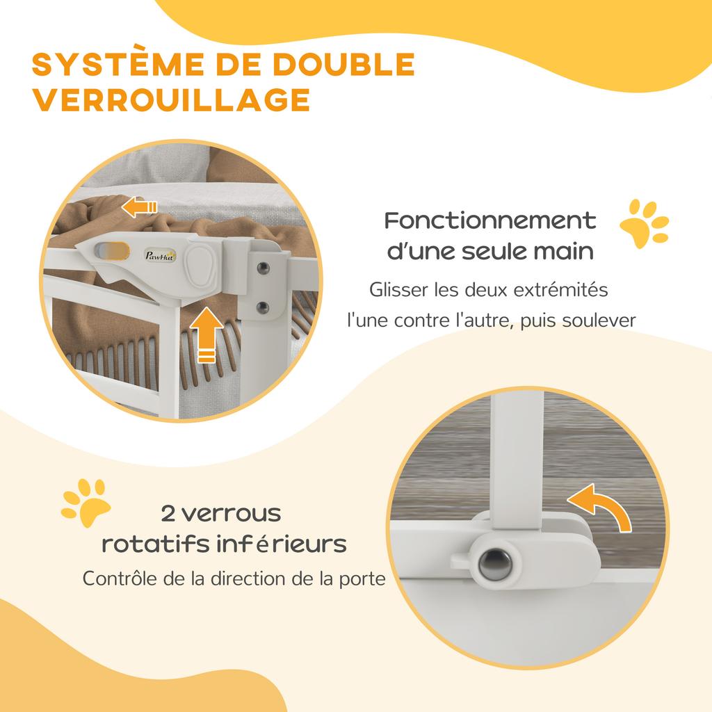 Pressure Fit Stair Gate, Dog Gate W/ Small Cat Door, Auto Closing System, Double Locking Openings, 74-80cm - White