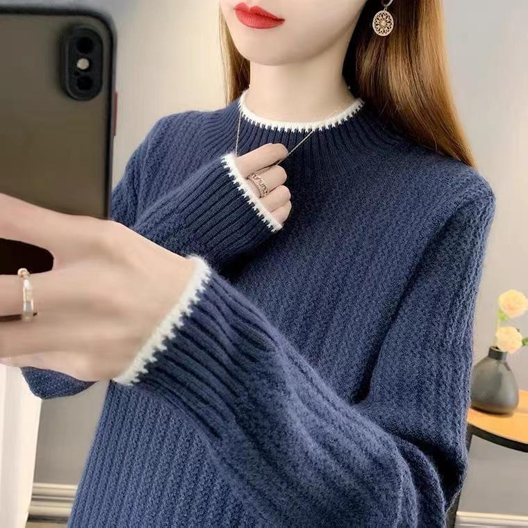 Vintage Color Block Knit Sweater: Women's Loose Long Sleeve, Half High Neck with Contrast Edges for Autumn and Winter