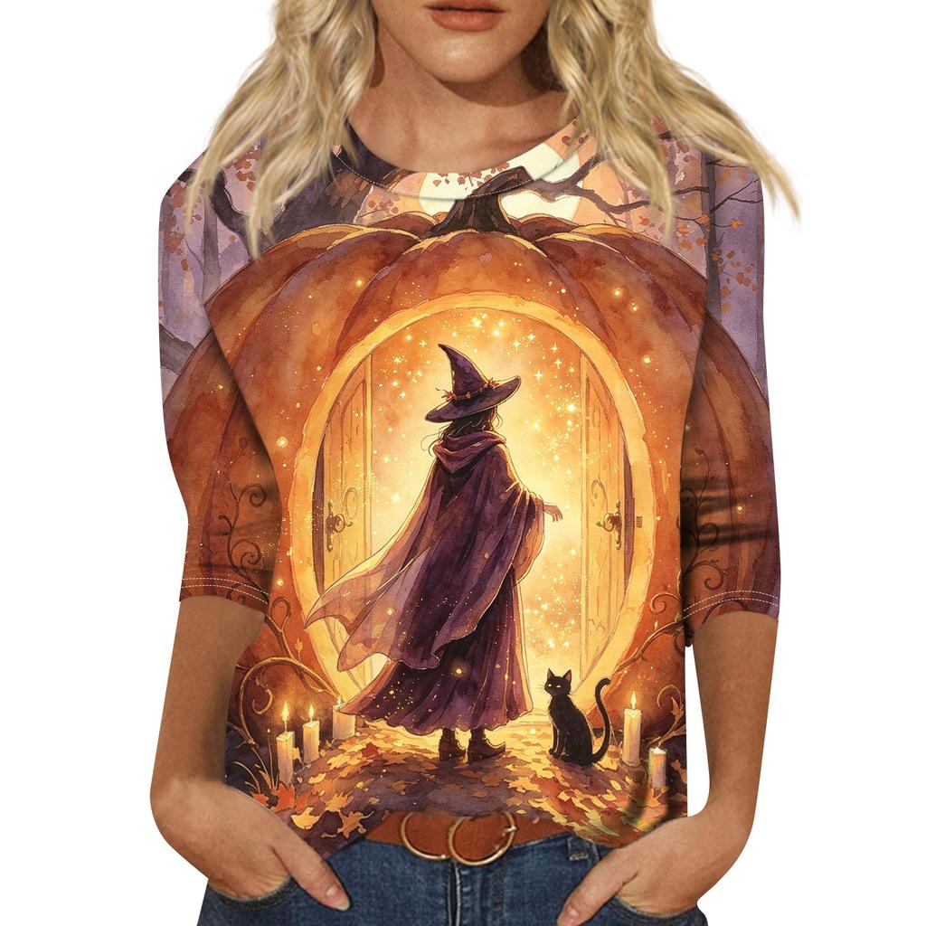 Women's Fashion Casual Halloween Print 3/4 Sleeve T-Shirt with Round Neck