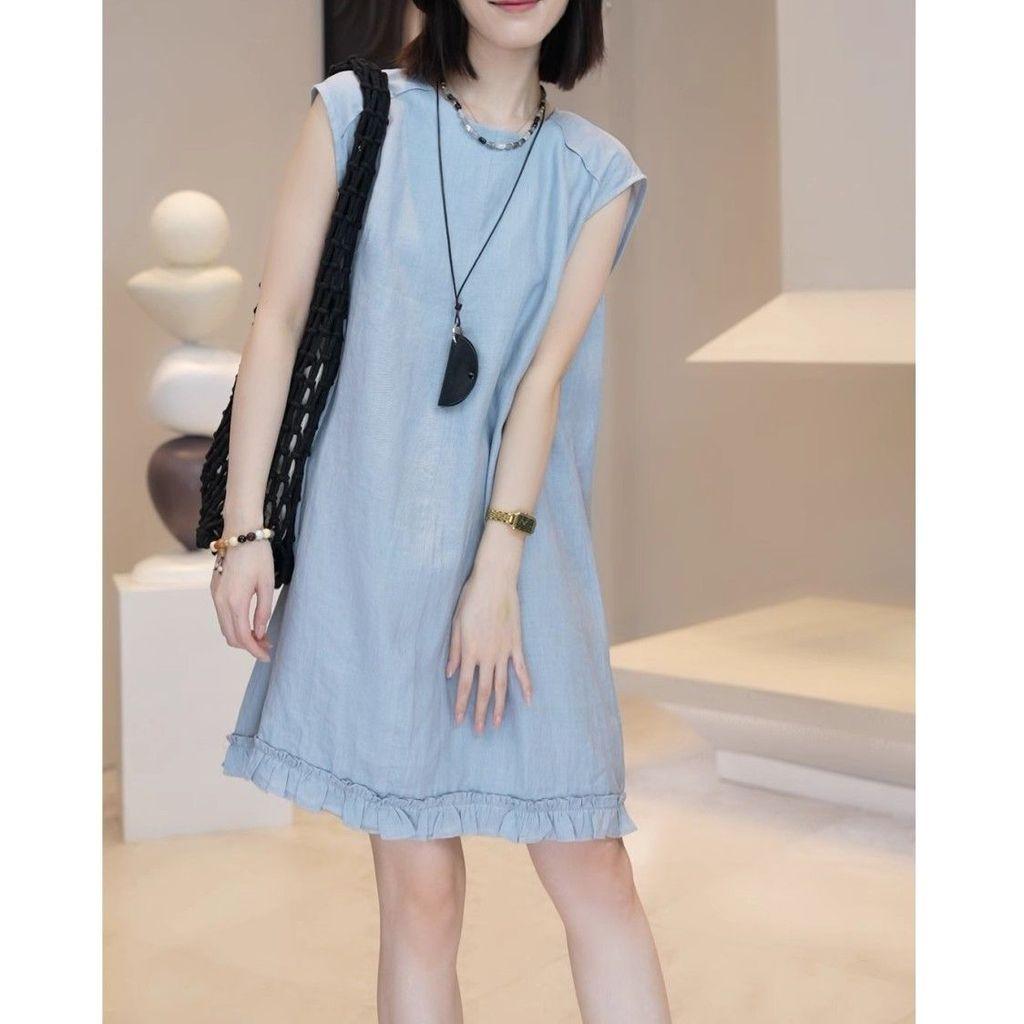 Summer Slimming Vintage Cotton Linen Dress With Round Neck For Casual And Travel Wear