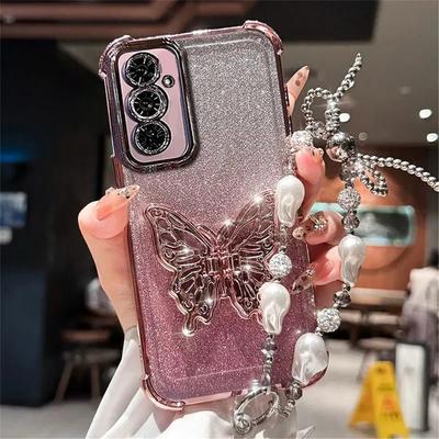 Pearl Bracelet Butterfly Stand Phone Case For Samsung A53 A52 A32 A13 A23 A33 A73 A12 A22 A02S A03S Glitter Shockproof Cover
