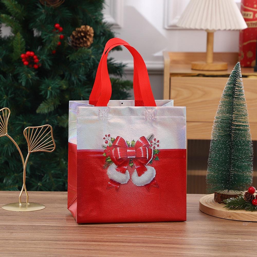 StoBag Christmas Gift Bags Holiday Non-Woven Tote Bags with Holographic Bow Design for Candy Snacks and Presents