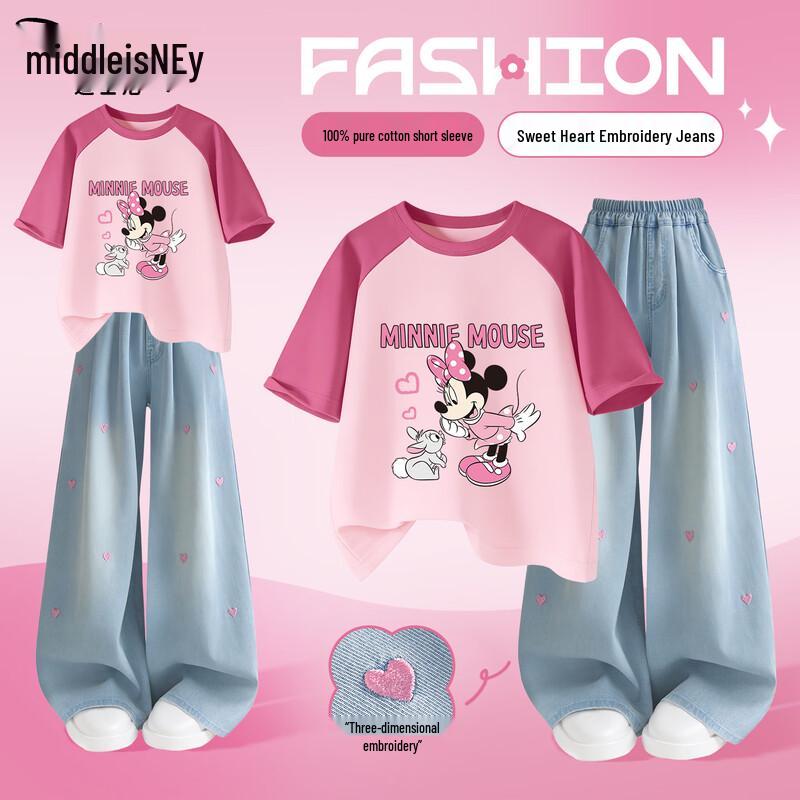 Disney Girls  Heart Print Cotton Short Sleeve Top & Denim Shorts Set 130