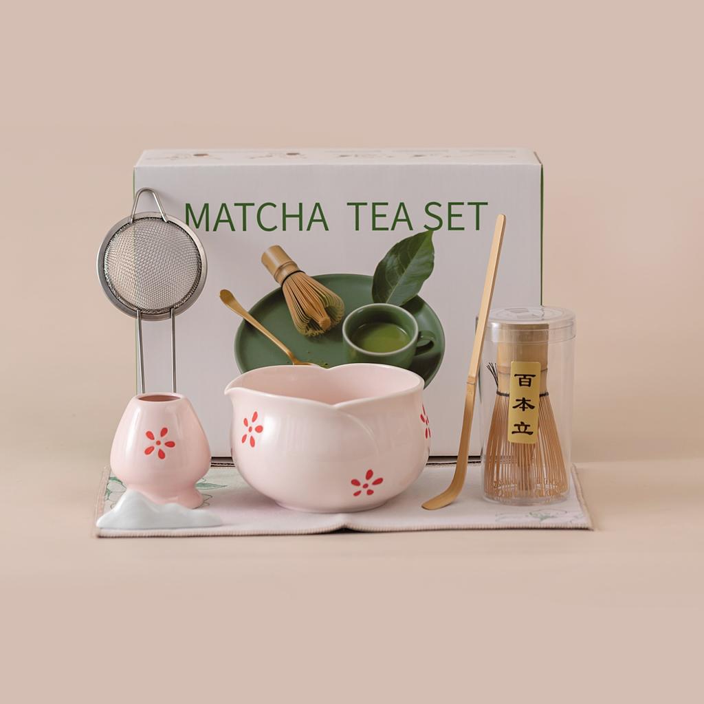 5/7pcs Pink Heart Decal Ceramic Matcha Set, Cute Matcha Set Includes Matcha- Bowl, Matcha Whisk and Holder, Bamboo Scoop, Sifter