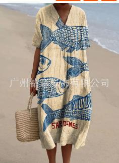 New Loose Casual Comfortable V-neck Digital Printing Pleated Large Version Dress