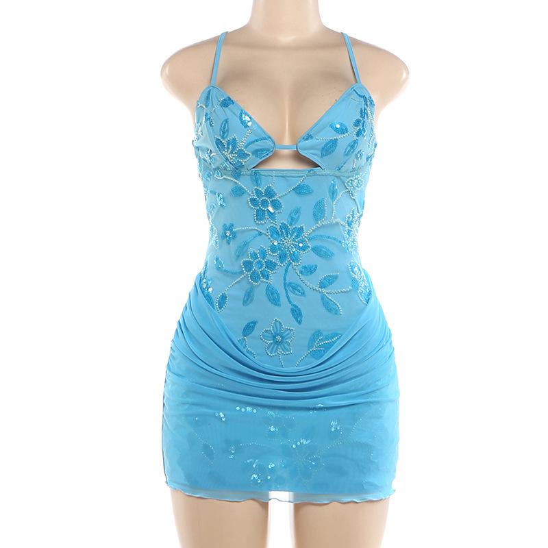 Floral Sequins Patchwork Ruched Mesh Bodycon Camisole Mini Dress Women Sexy V Neck Spaghetti Straps Backless Slim Party Clubwear
