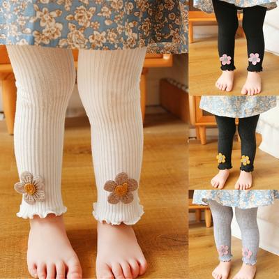 Elastic Kids Leggings Breathable Baby Girls Tights Comfortable Children Cropped Pants Flower Decors Bottoming Trousers