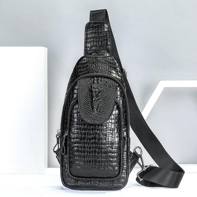 Genuine Leather Chest Bag, Men's Shoulder Bag, Crocodile Patterned Chest Bag, Casual Mobile Phone Crossbody Bag, Men's Bag
