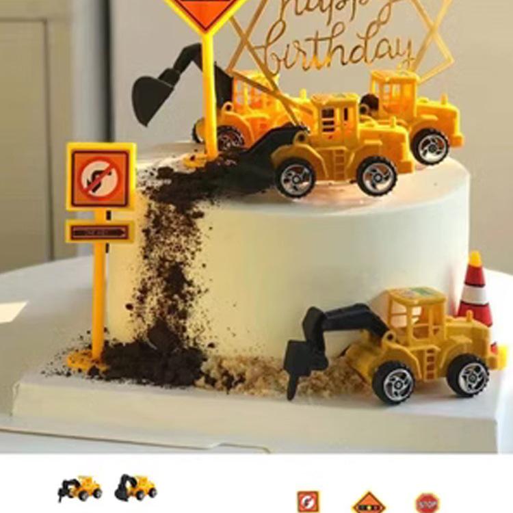 Construction Vehicle Cake Toppers: Excavator, Bulldozer, Roadblock Inserts, Figurines for Boys' Birthday