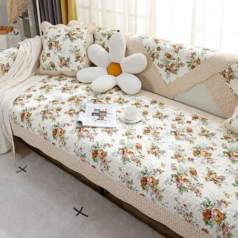 Green Floral Sofa Covers Couch Pastoral Washed Cotton Plaid Fabric Corner Towel Pillow Slip Seat Cushion Recliner Chair Cover