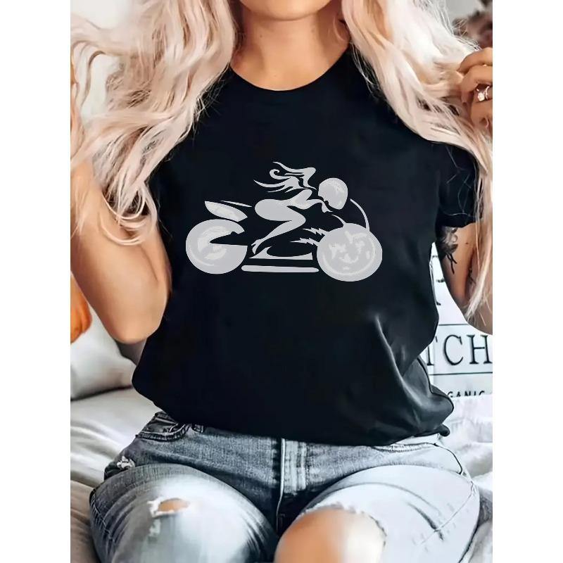 European Sizes Women's Motorcycle Graphic Print T-Shirt - Breathable Stretchy Fabric, Relaxed Fit Round Neck Short Sleeve Tee for Casual Summer Wear