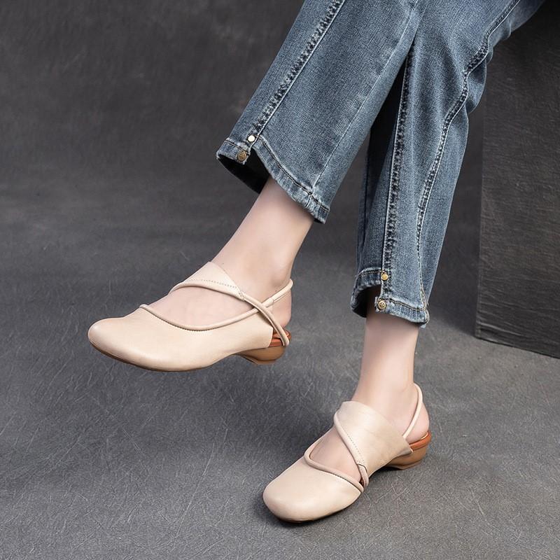 Johnature Genuine Leather Round Toe Comfortable Low Heel Sandals Casual Versatile Women's Shoes