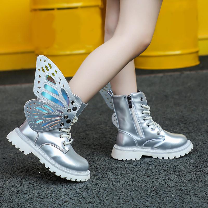 Girls Boots Autumn Winter Fashion Butterfly Princess Botas Casual Non-slip Ankle Boots Silver Patent Leather Kids Shoes 2026