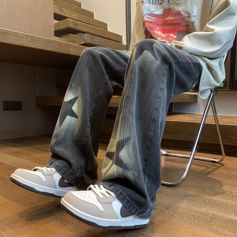 Unisexové korejské džíny ve stylu street-style s tmavou hvězdou a elastickým pasem - Trendy, volného střihu, s rovnými nohavicemi na jaro a podzim