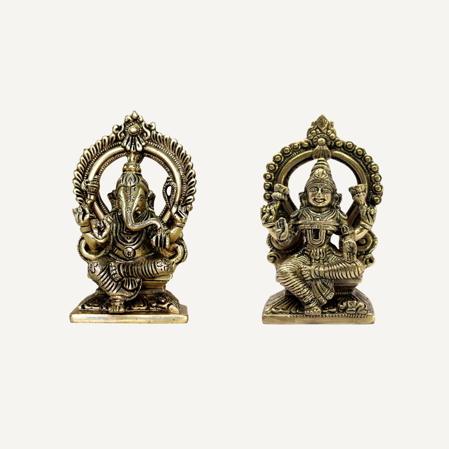 Набор мурти Лакшми и Ганеши из чистой латуни, Идол Лакшми и Ганеши, Коричнево-золотой, Религиозный