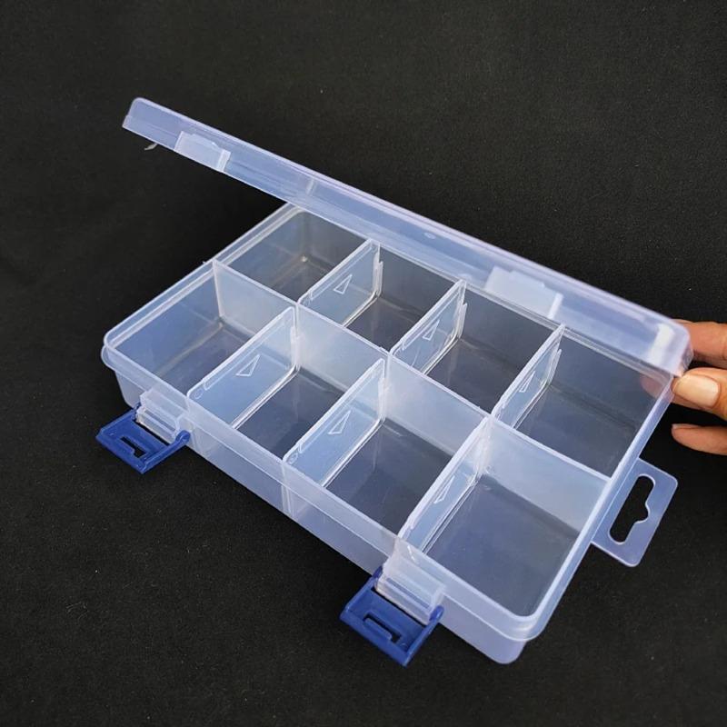 Adjustable Grid Tool Organizer Box, Plastic Storage Case with 8 Grids for Screws Hardware, Portable Pill Medicine Box, Clear Lid