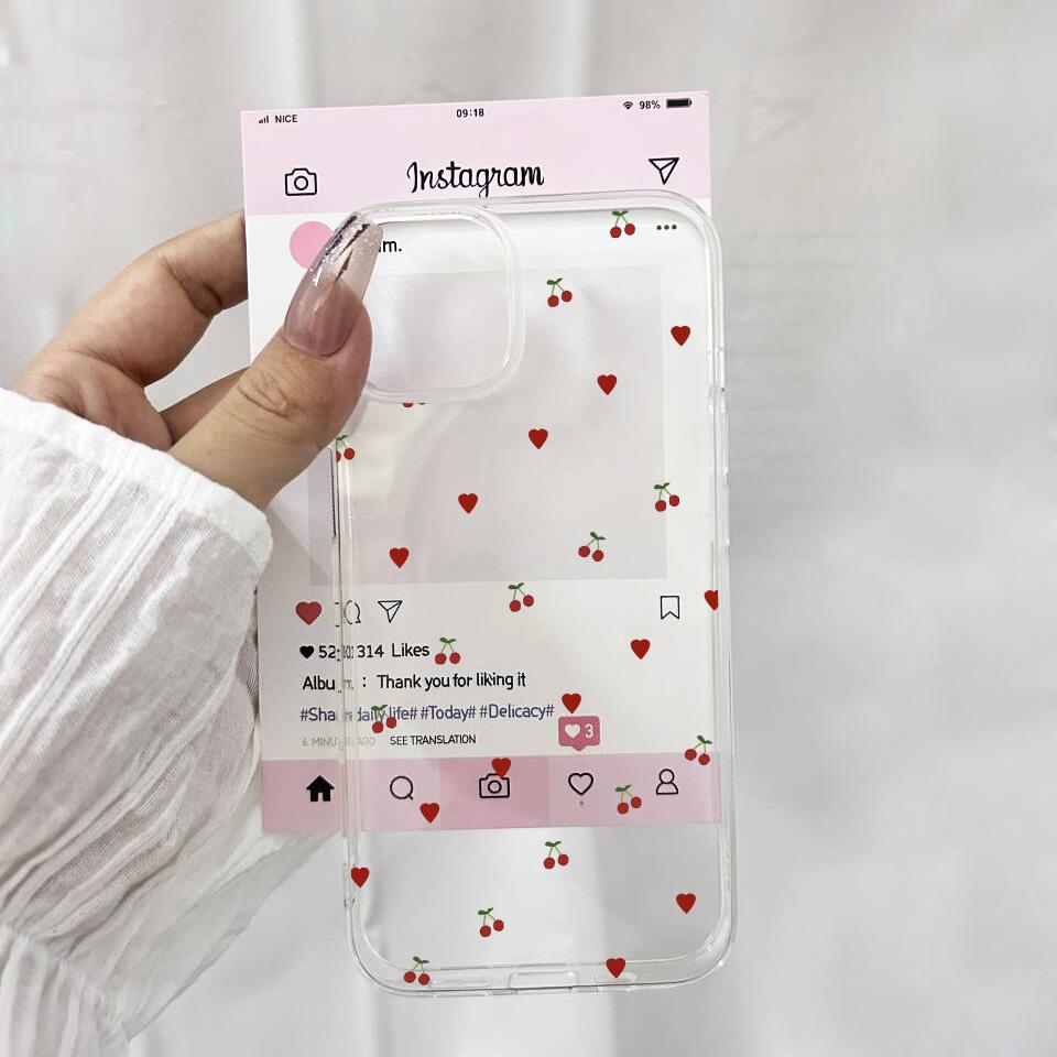 INS Korea Cute Cherry Love Heart Phone Case For iPhone 14 15 16 17 11 12 Mini 13 Pro Max XS XR 7 8Plus Transparent Hard Cover iPhone SE (2020)