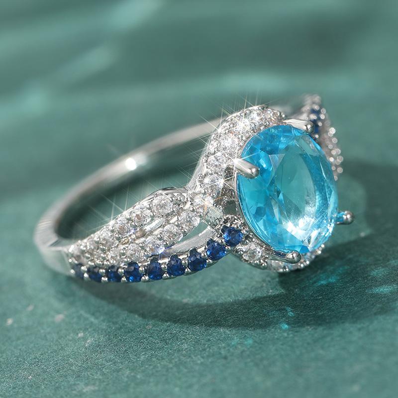 Luxury Sparkling Blue Synthetic Zirconia Wedding Silvery Plated Ring Women's Fashion Elegant Engagement Jewelry Accessories Gift