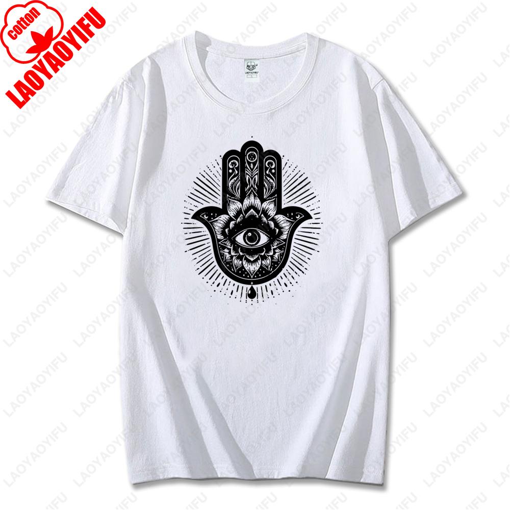 Men Women Hamsa Hand TShirt with Eye Protection Graphic Printed Tees Classic Fashion Cotton Streetwear Unisex Casual Design Tops