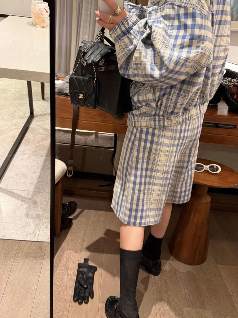 Women's Blue & White Plaid Drawstring Jacket & Pleated Skirt Two-Piece Set for Early Spring