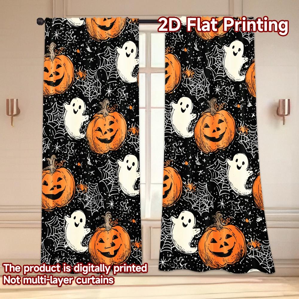 Set Of 2 Flat Printing Curtains Without Rod Halloween Ghosts Pumpkins Women Is Day Festival Popular Drapes Made Polyester