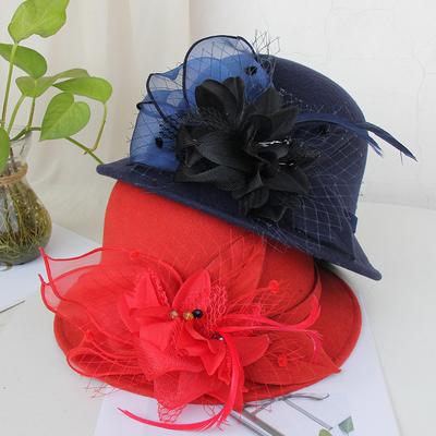 Dome Wool Woolen Small Edge Top Hat Women'S Autumn And Winter British Feather Mesh Bucket Hat Korean Version Elegant Celebrity Basin Hat
