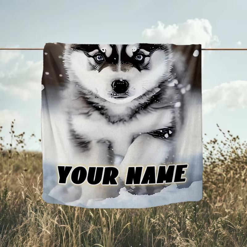 1PC Custom Name Winter Husky Paws outdooor Flannel blankets Throw Blanket All-Season Throw Gift Bedspread for Couch, Bed, Camping Holiday Birthda