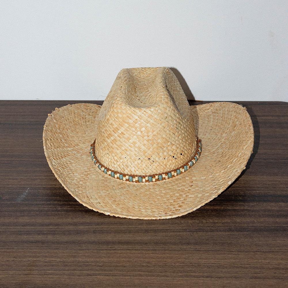 

206002-hh5180C ins chic summer hand raffia grass Bohemian colored bead panama fedoras cap men women leisure JAZZ hat head size 59cm бежевий
