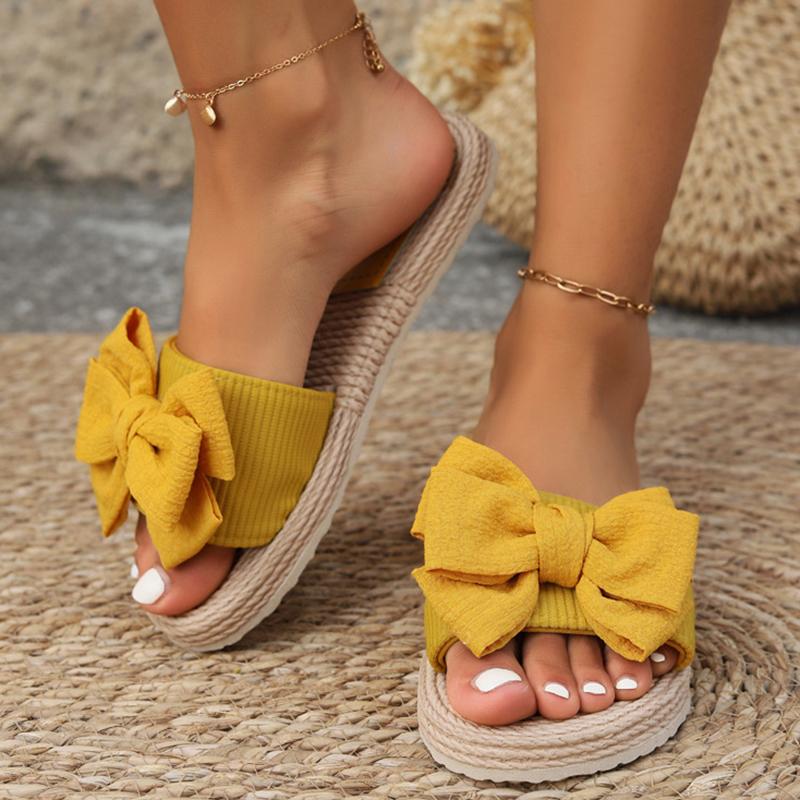 Fashion Women's Beige Bowknot Decor Flat Slippers Lightweight Non Slip Outdoor Beach Slides for Woman Comfort One Strap Casual Slippers