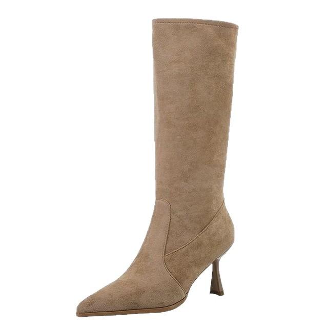 Versatile short tube stacking boots thin heel high heel western cowboy boots short boots women's apricot thin fashion medium tube single boots
