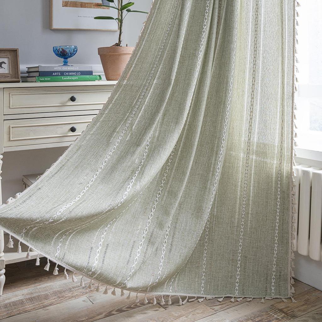 Imanqi Yun Semi-Blackout White Striped Embroidered Curtains for Kitchen & Living Room Windows