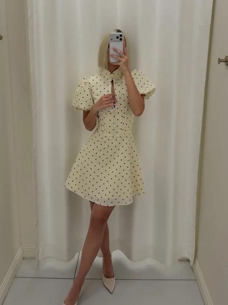 Retro Polka Dot Mini A-line Dress Women Elegant Stand Collar Puff Short Sleeve Waist-cinching Dresses Lady Party Robe 2026 New