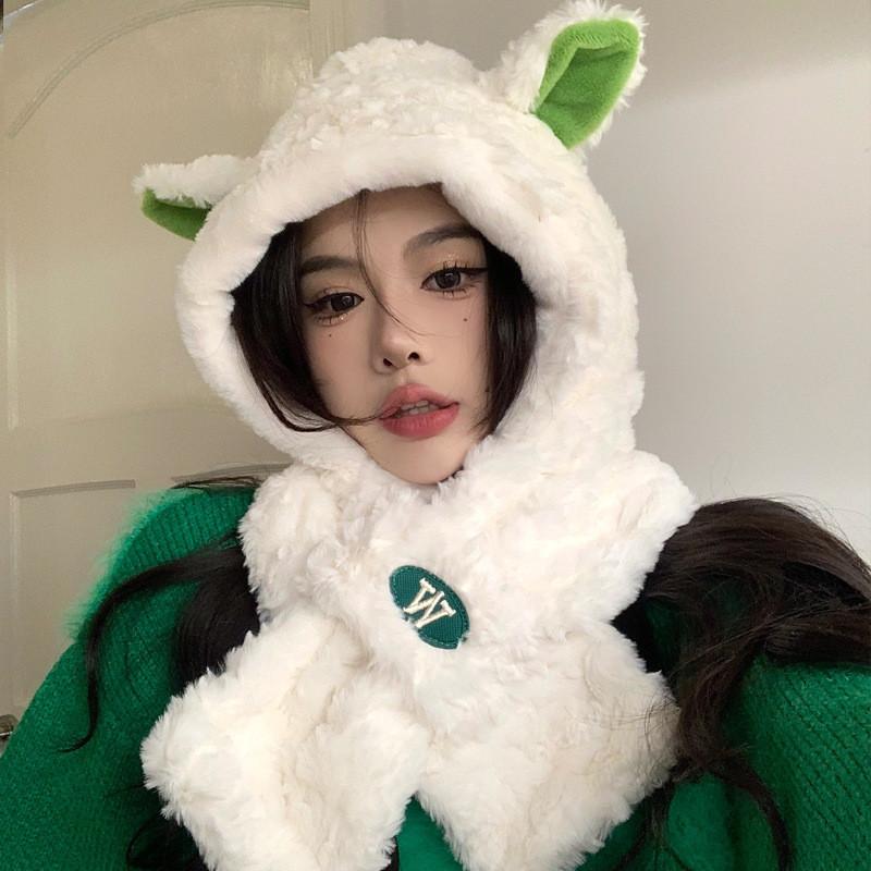 Lamb Design Cute Plush Hat And Scarf For Women Warm Winter Accessory