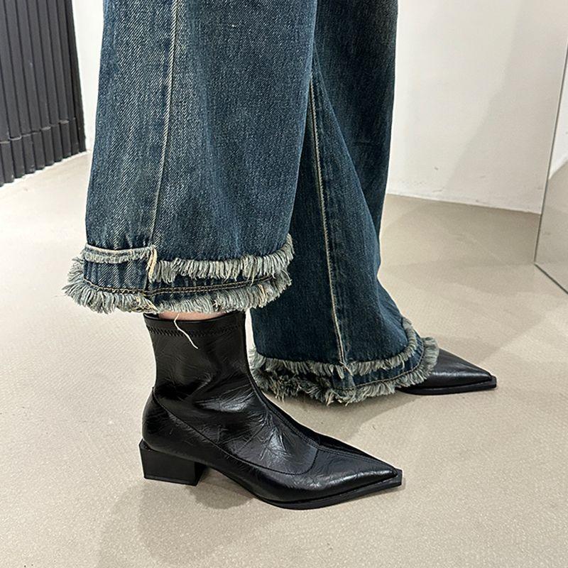 Short Boots for Women Thick Heeled Short Boot Retro Pointe Toe Ankle Boots for Women New Casual Leather Boot Botas Mujer