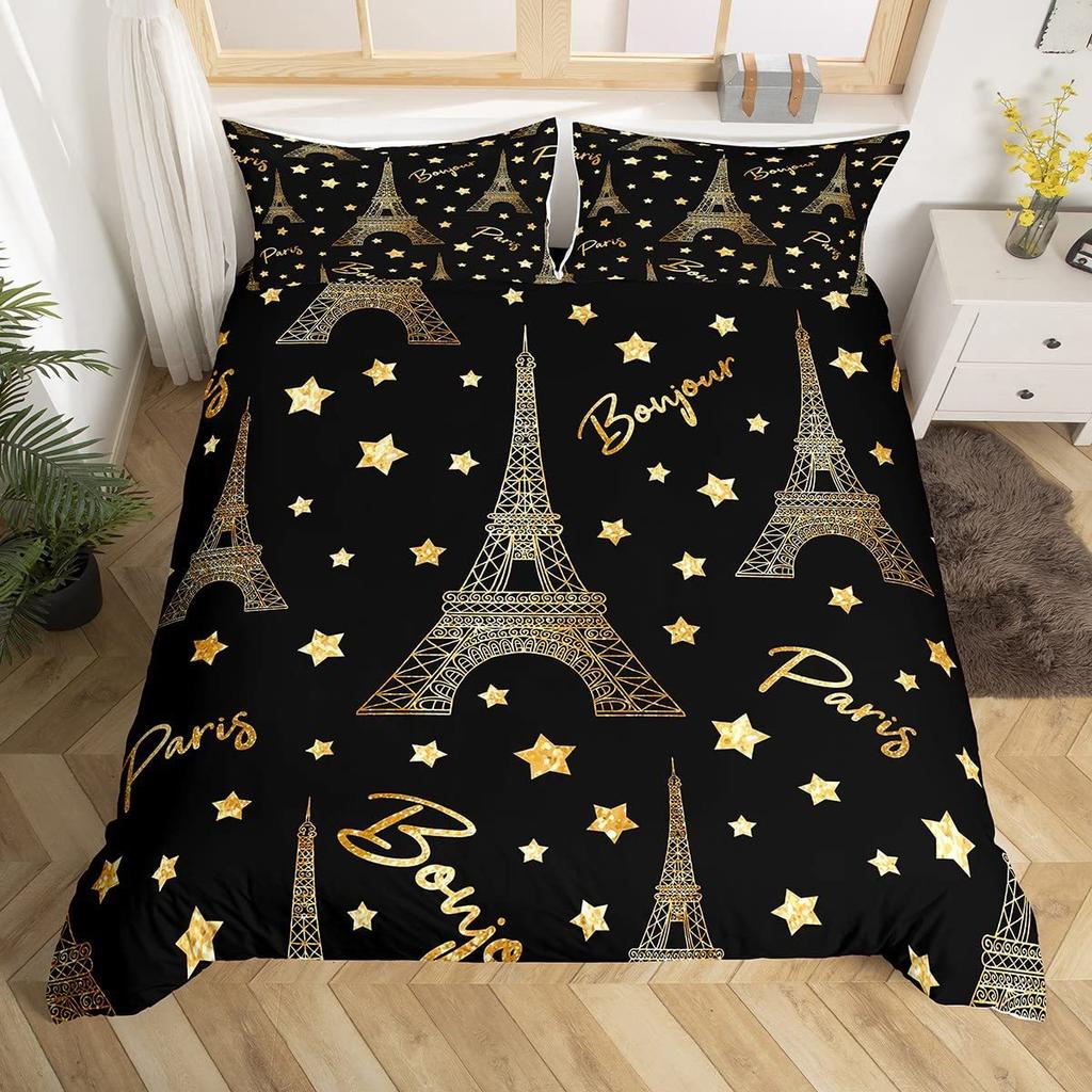 French Duvet Set Eiffel Tower Printed Bedding Sweet French Street Scene Pattern