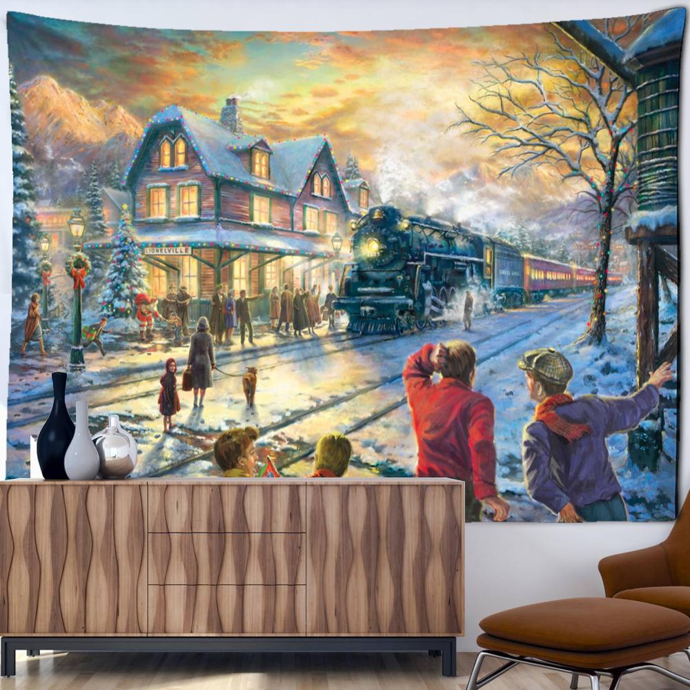 Christmas City Oil Painting Tapestry Wall Hanging Bohemian Hippie Tapez Christmas Festival Art Bedroom Living Room Home Decor