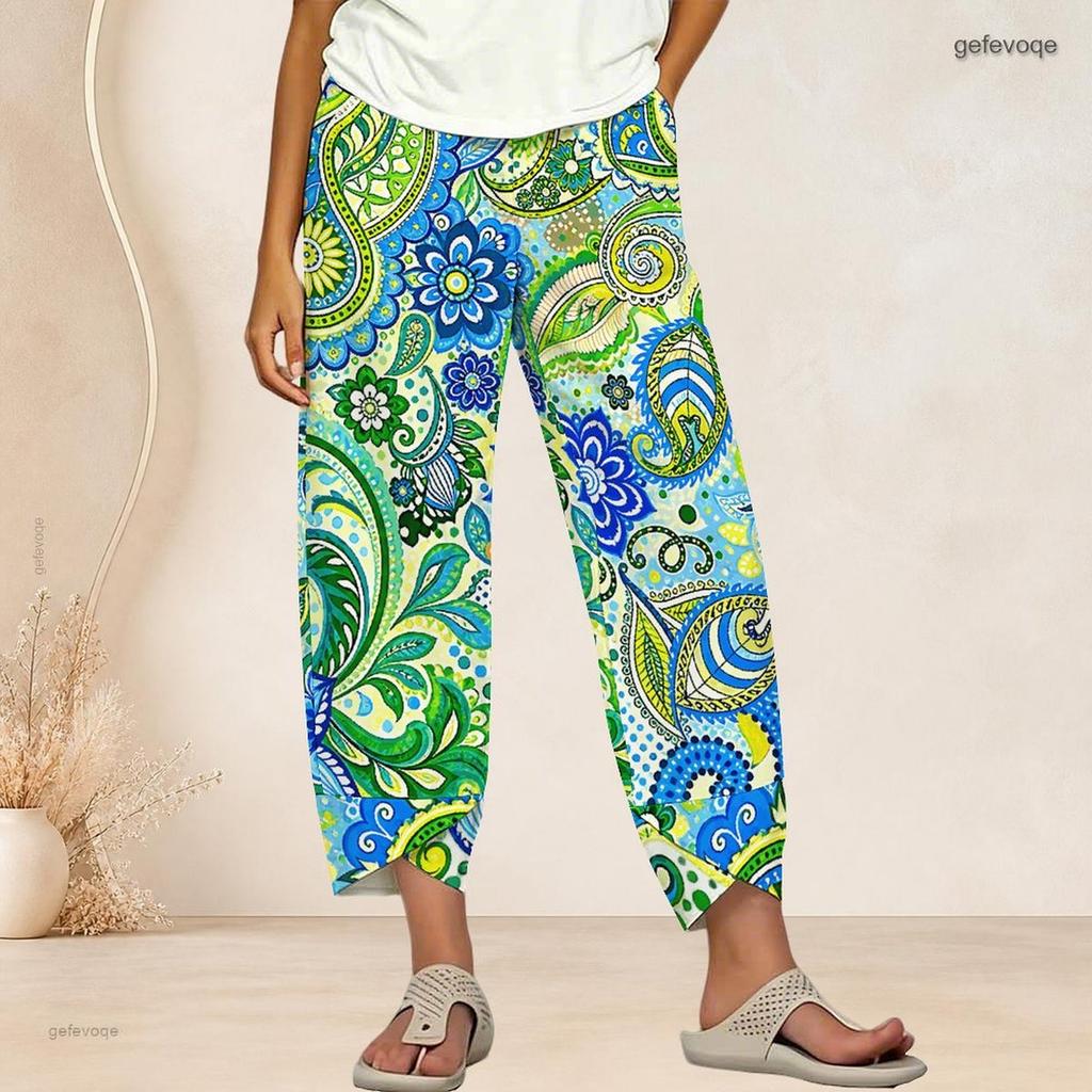 Women Plus Size Loose Fawn Maple Leaf Printed Cross Hem Cropped Pants