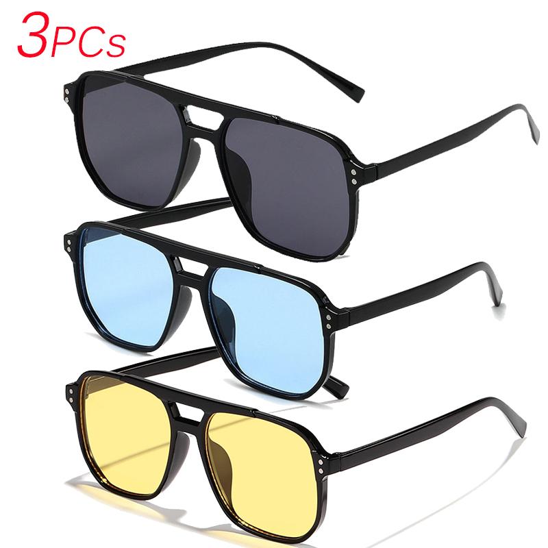 3PCs Big Square Frame Sunglasses for Men and Women Lightweight Frame Double Bridge Black Yellow Sun Glasses with UV Protection