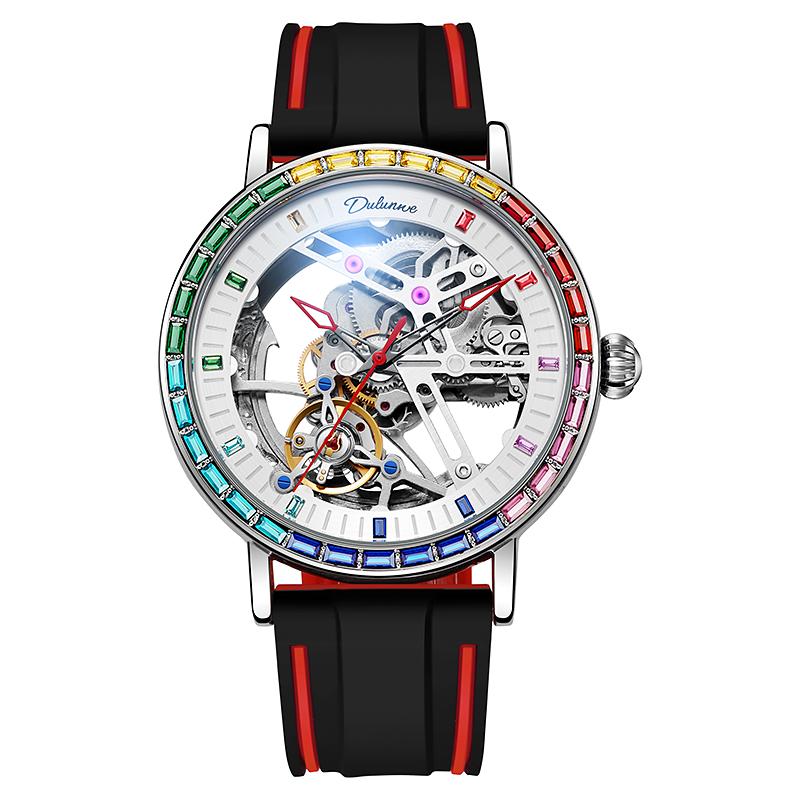 Colored Gemstone Bezel Tourbillon Series Men's Automatic Skeleton Mechanical Watch Trendy Night Light Water-Resistant Wristwatch
