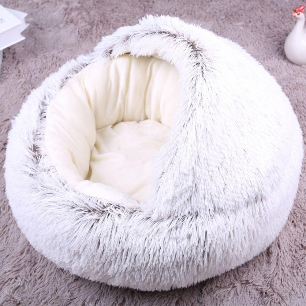 Round Puppy Bed Fluffy Plush Hooded Dog Tent Waterproof Cat Bed Cave  Snooze